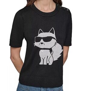 Karl Lagerfeld Cool Choupette Cat Sweater Short Sleeve Black Stretch Womens S